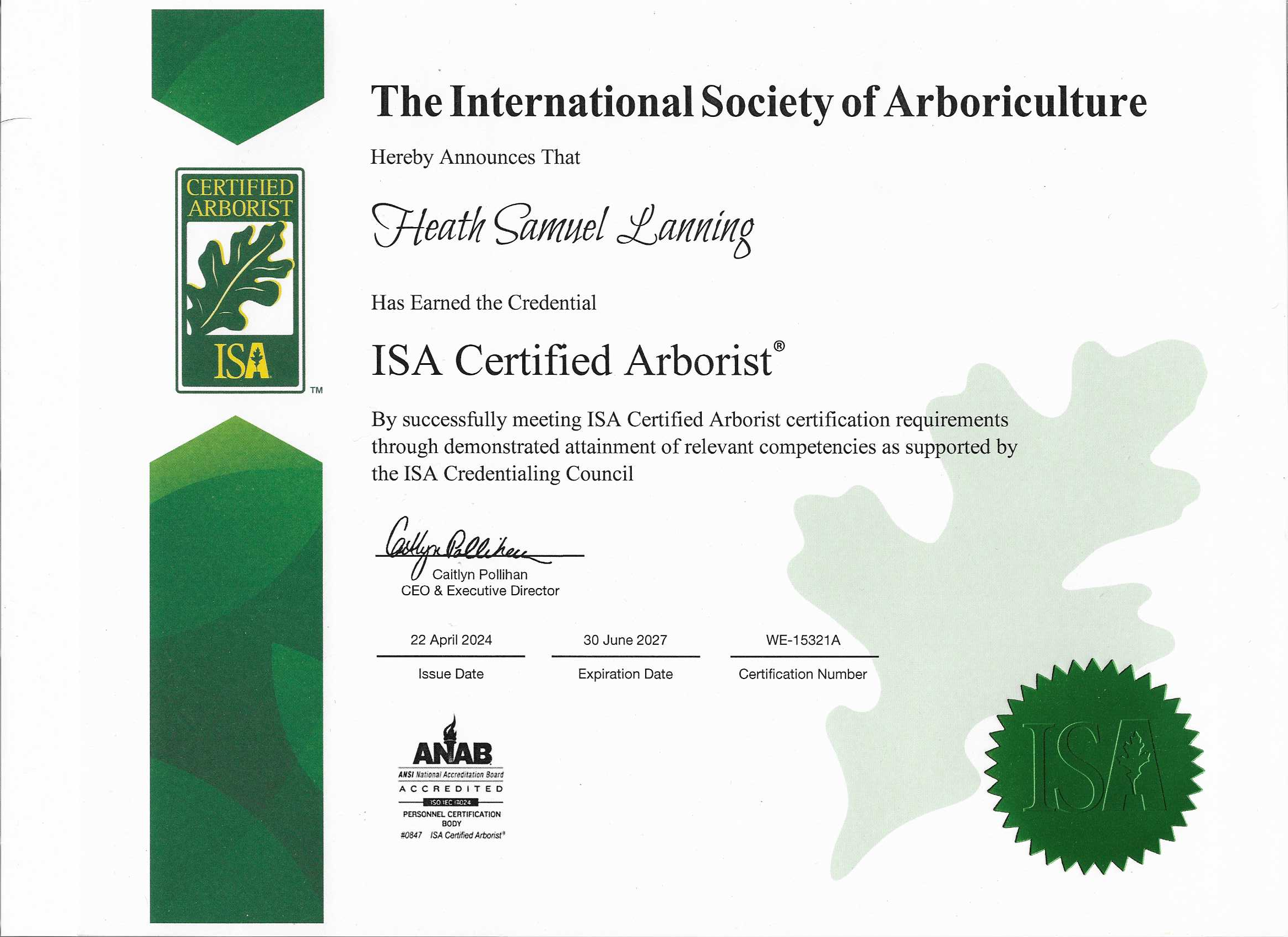 ISA Certified Arborist certificate for Heath Samuel Lanning