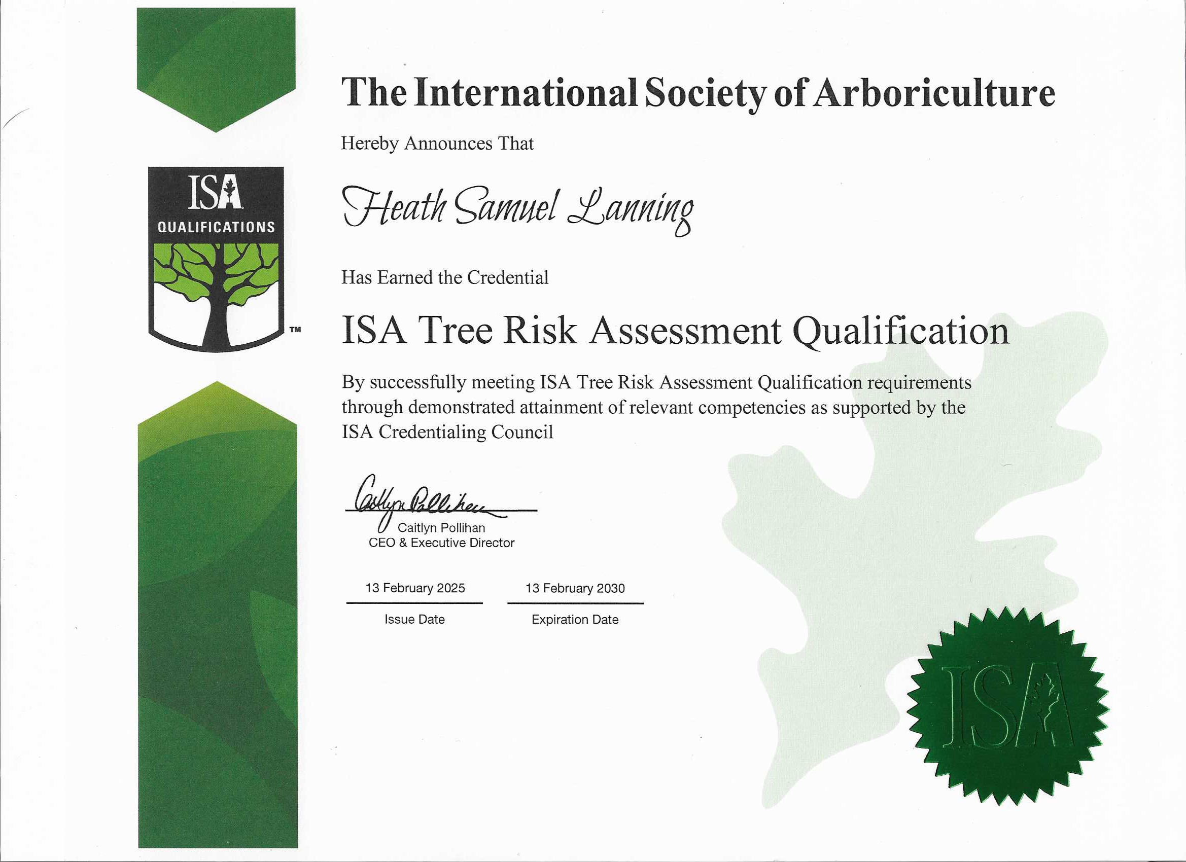 ISA Tree Risk Assessment Qualification certificate for Heath Samuel Lanning